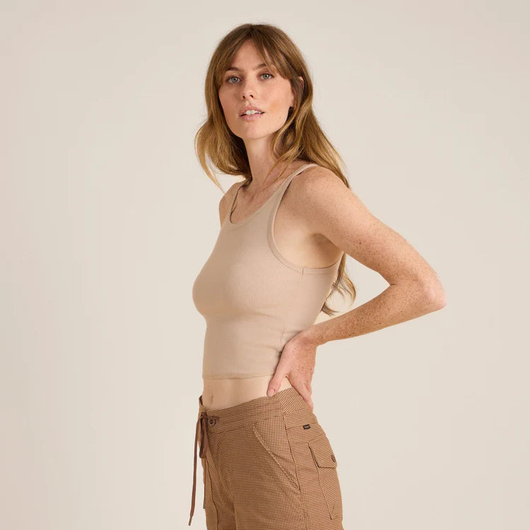 Side view of a woman wearing the Toasted Almond Wind Worn Tank by Roark