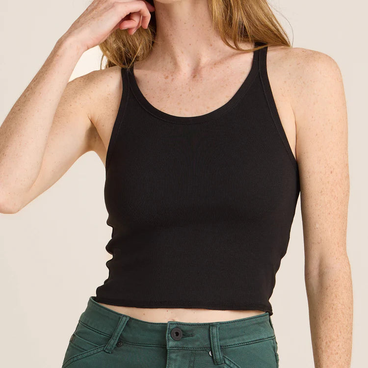 Front view of a woman wearing the Black Wind Worn Tank by Roark