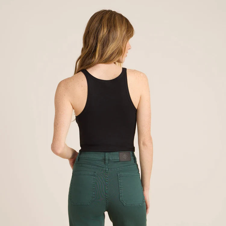 
                      
                        Back view of a woman wearing the Black Wind Worn Tank by Roark
                      
                    