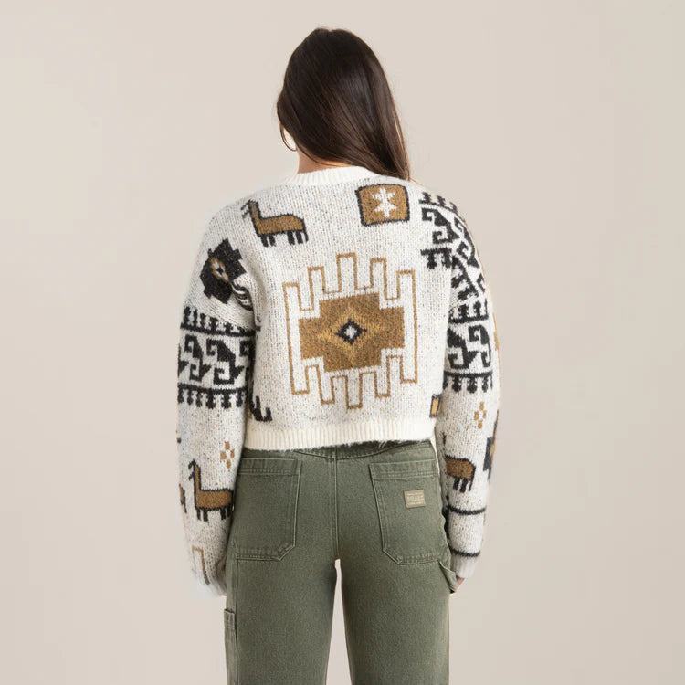 Back view of the Kos Sweater by Roark, featuring a Norwegian textile-inspired pattern throughout