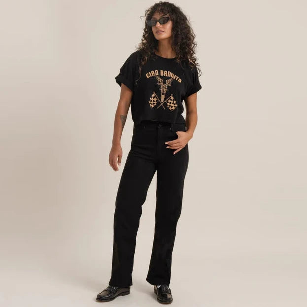 Front view of a woman wearing the Black HWY 395 Pant Denim by Roark