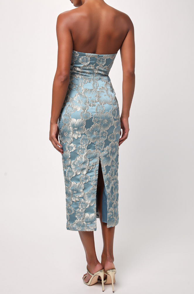 
                      
                        Women's blue and gold floral strapless dress with back slit and back zip closure. 
                      
                    