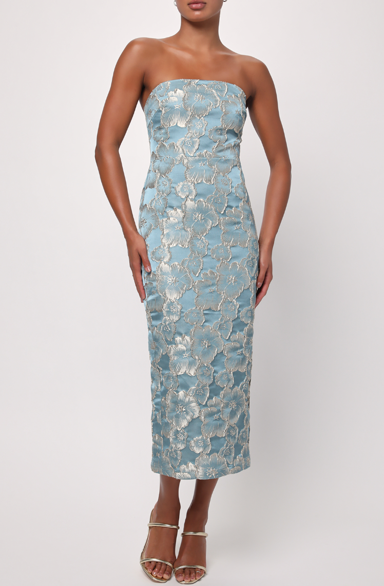 Shop the Blue and Gold Floral Isla Strapless Dress from Lulus at Harbour Thread for your upcoming events. 