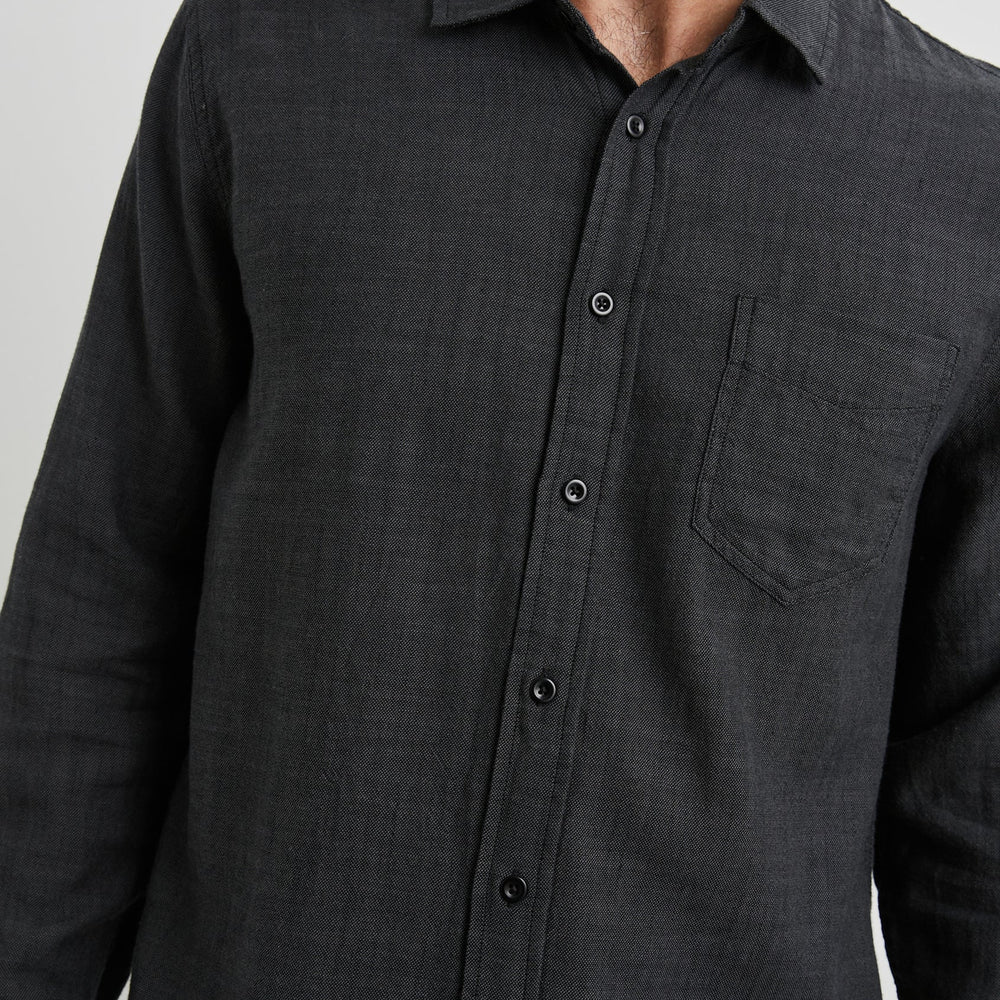 Front design detail on the Black Chambray Long Sleeve Wyatt Shirt by Rail