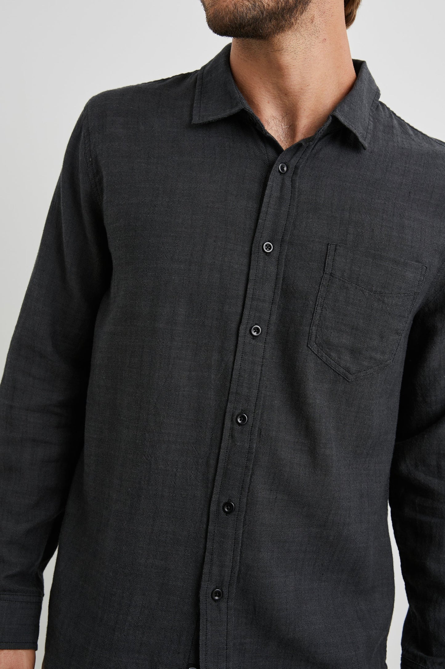 Front design detail on the Black Chambray Long Sleeve Wyatt Shirt by Rail