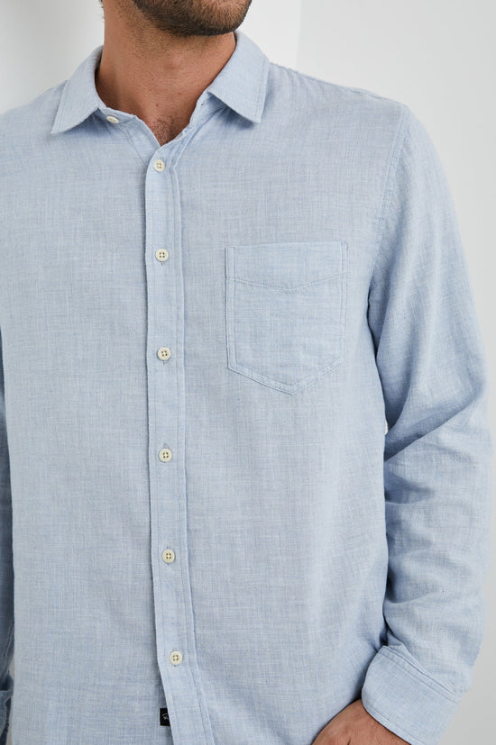 Front detail on the Blue Melange Wyatt Button Down Shirt by Rails