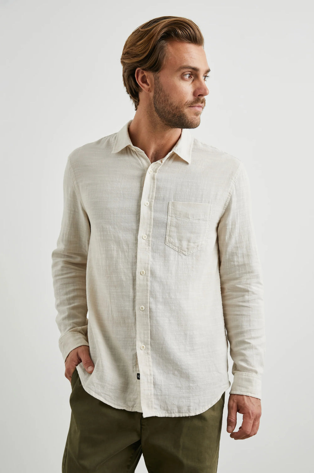 The men's Wyatt Shirt by Rails in the color Hummus