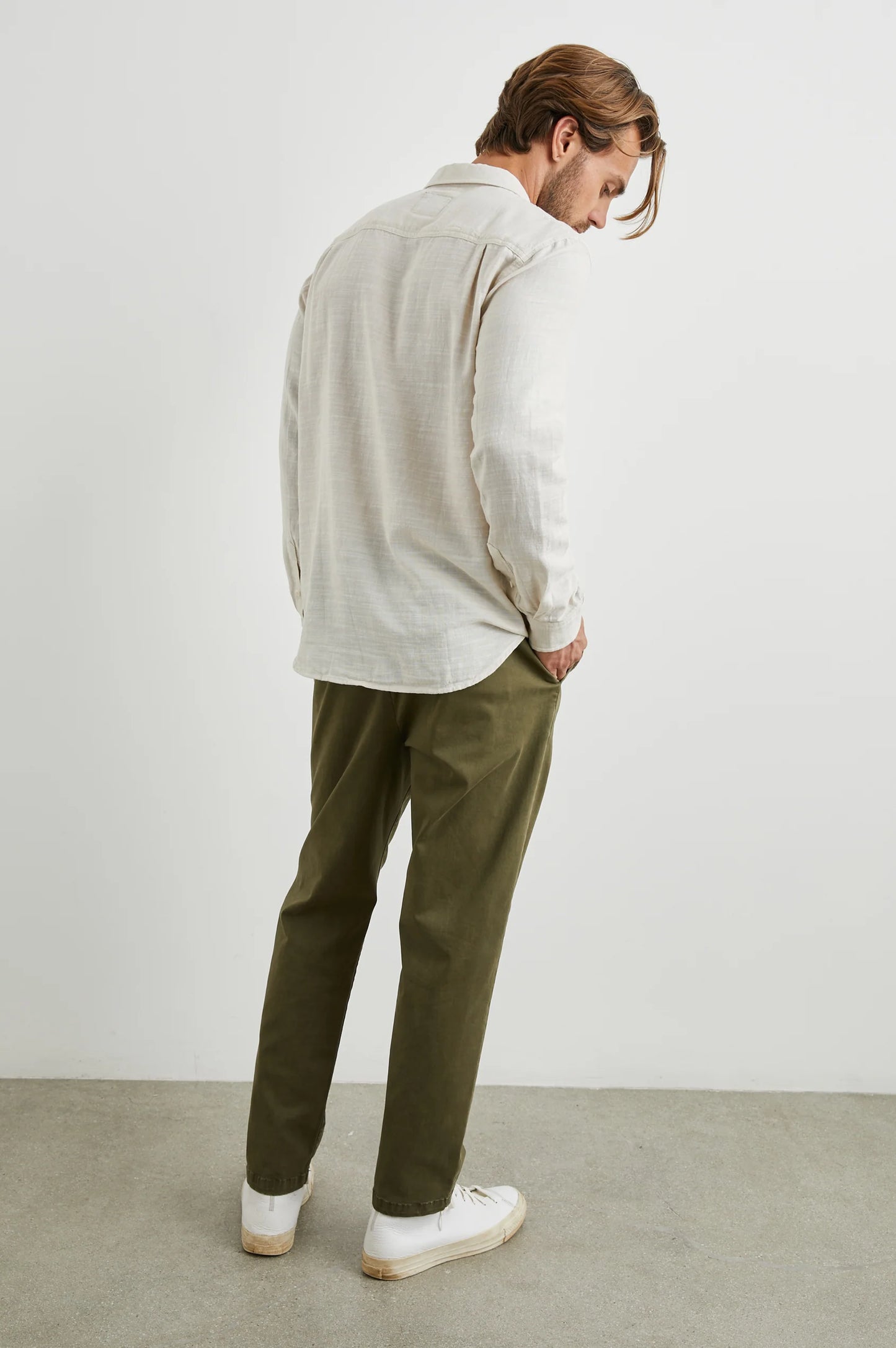 Back view of the men's Wyatt Shirt by Rails in the color Hummus
