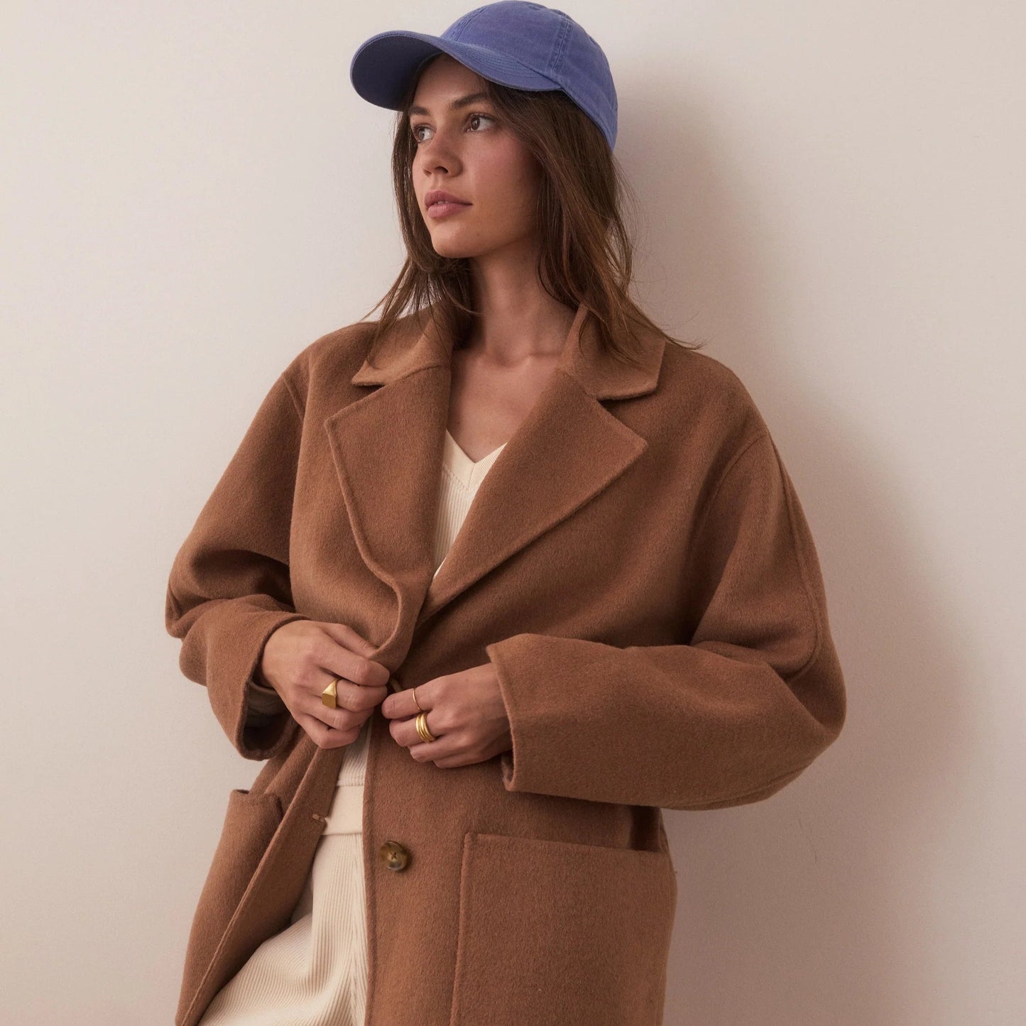 The Marine Layer Colette Oversized Longline Coat is available at Harbour Thread in the color Camel
