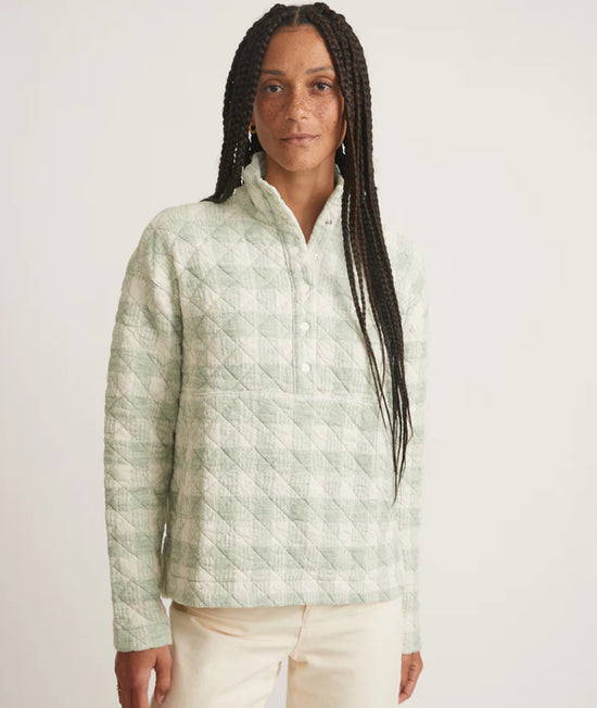 Front view of model wearing the Iris Quilted Pullover in color mint by Marine Layer