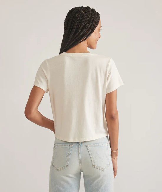 Back view of Marine Layer's Easy Crop Graphic Tee in the color Antique White