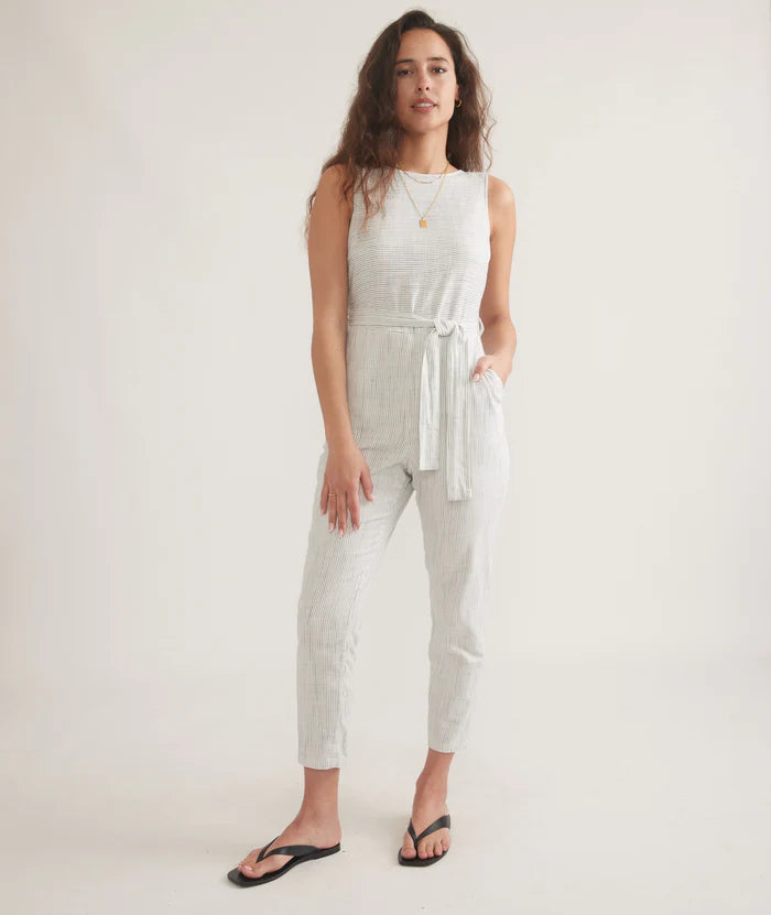 Front view of the Marine Layer Striped Eloise Belted Jumpsuit 
