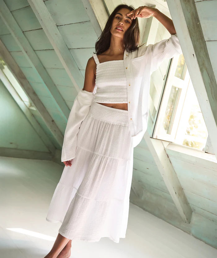 Shop the Marine Layer Corinne Double Cloth Maxi Skirt at Harbour Thread boutique in Burlington, VT for effortlessly elevated summer style. 