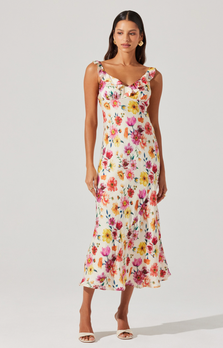 Astr The Label / Zoie Floral Satin Ruffle Dress / Medium Astr The Label / Zoie Floral Satin Ruffle Dress / Medium