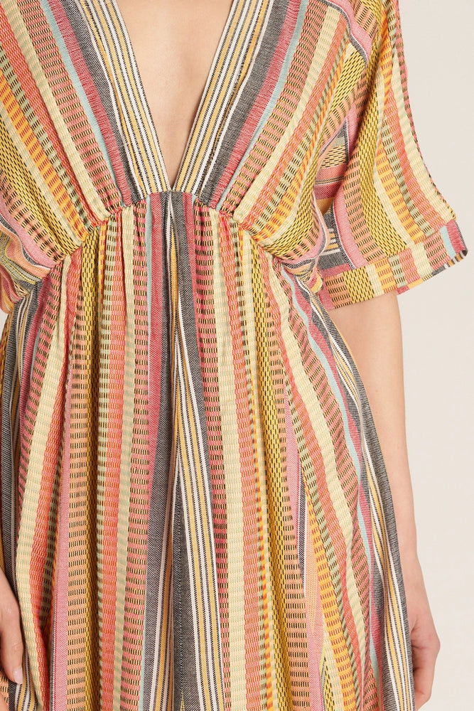 
                      
                        Multicolor striped kimono sleeve dress with plunging v-neckline
                      
                    