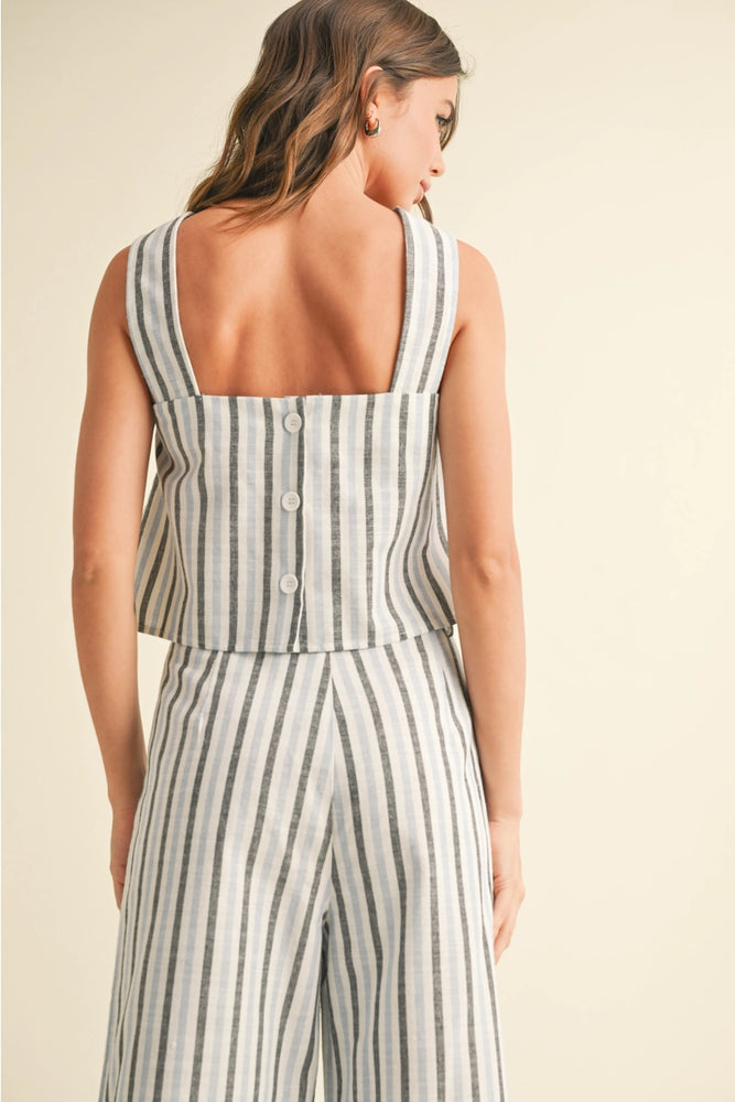 Blue striped tank with back button detailing