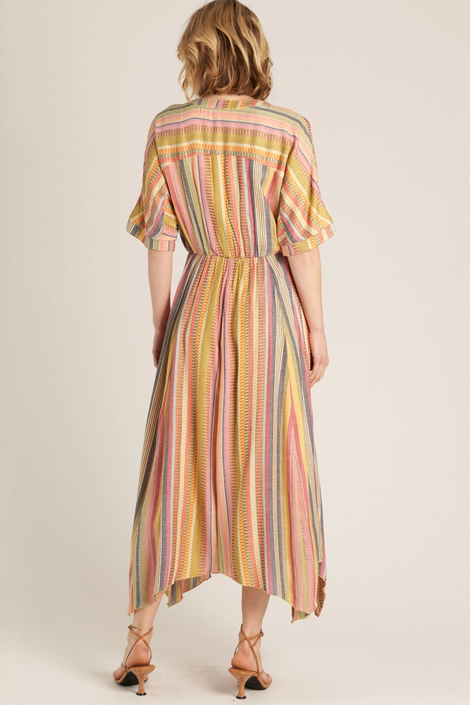 
                      
                        Multi striped dress with short sleeves and handkerchief style skirt hem
                      
                    