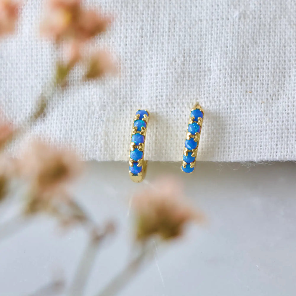 
                      
                        Mesa Blue's Hypoallergenic Blue Opal Huggie Hoop Earrings
                      
                    