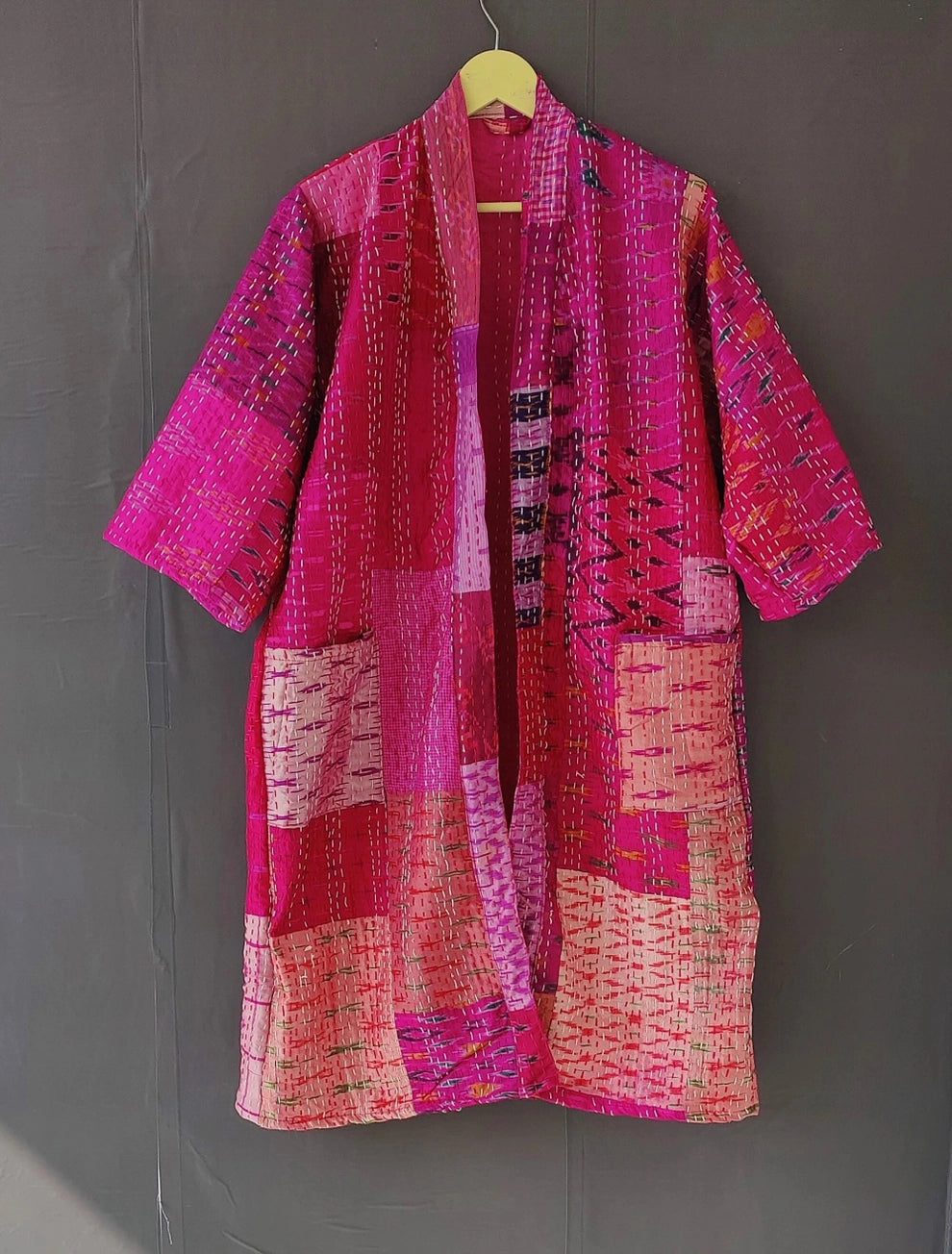 Shop the versatile Silk Sari Patchwork Kantha Kimono Jacket.