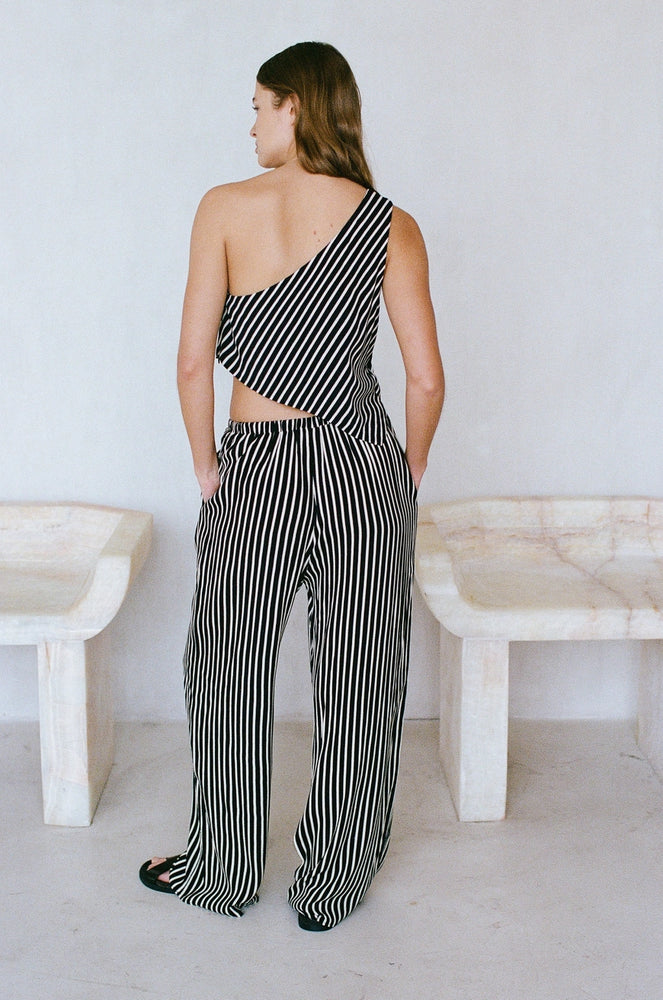 
                      
                        Relaxed fit black/natural striped wide leg pants
                      
                    