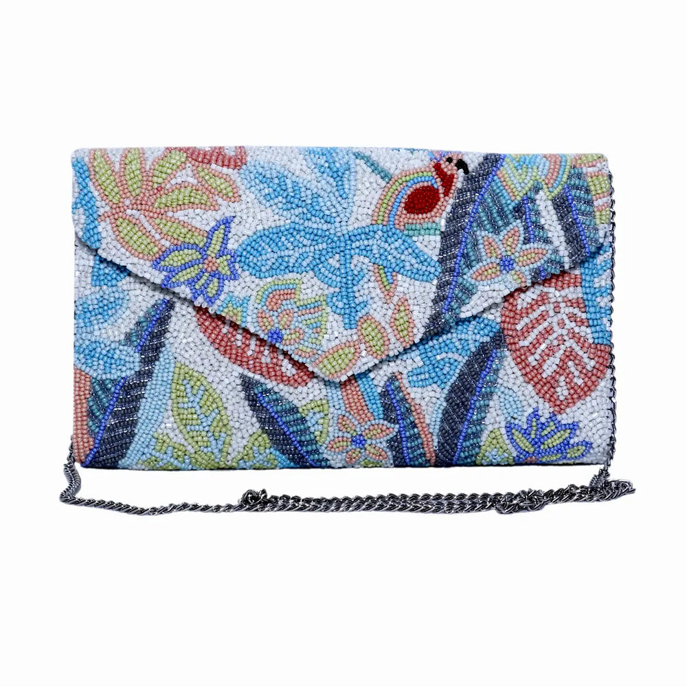 A fully beaded handbag with a chain strap and multicolor botanical design