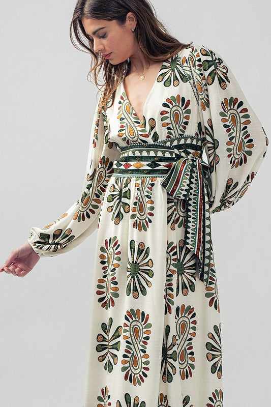 Boho wrap style maxi dress with v-neckline