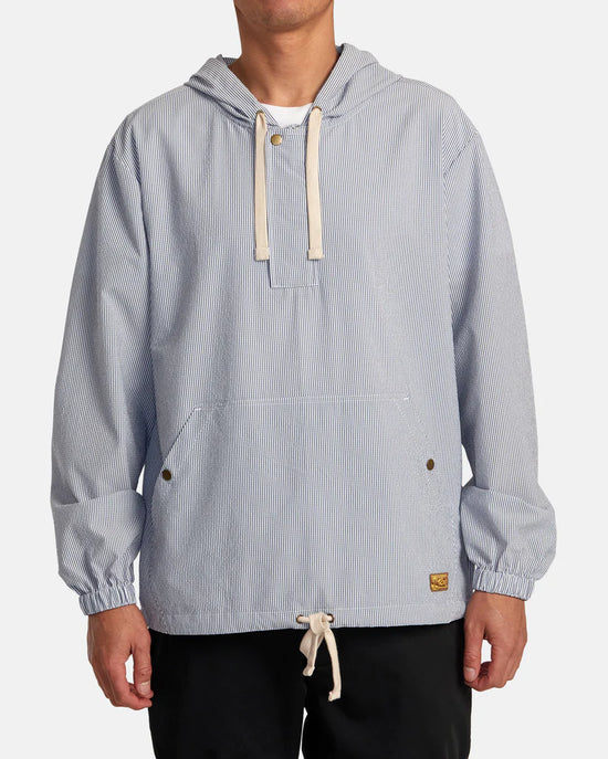 Front view of the men's Exotica Anorak Hooded PulloverJacket by RVCA in color Mazarine Blue