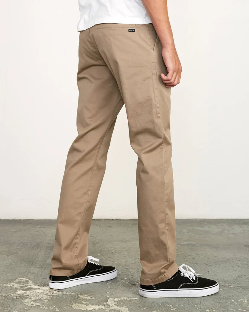 Back view of a man wearing the Dark Khaki Weekend Stretch Straight Fit Pants by RVCA