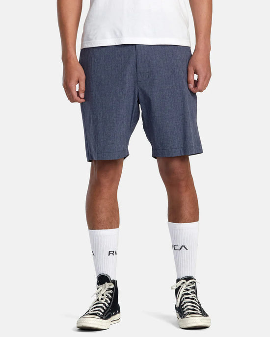 Front view of the Moody Blue 19" All Time Roads men's shorts by RVCA