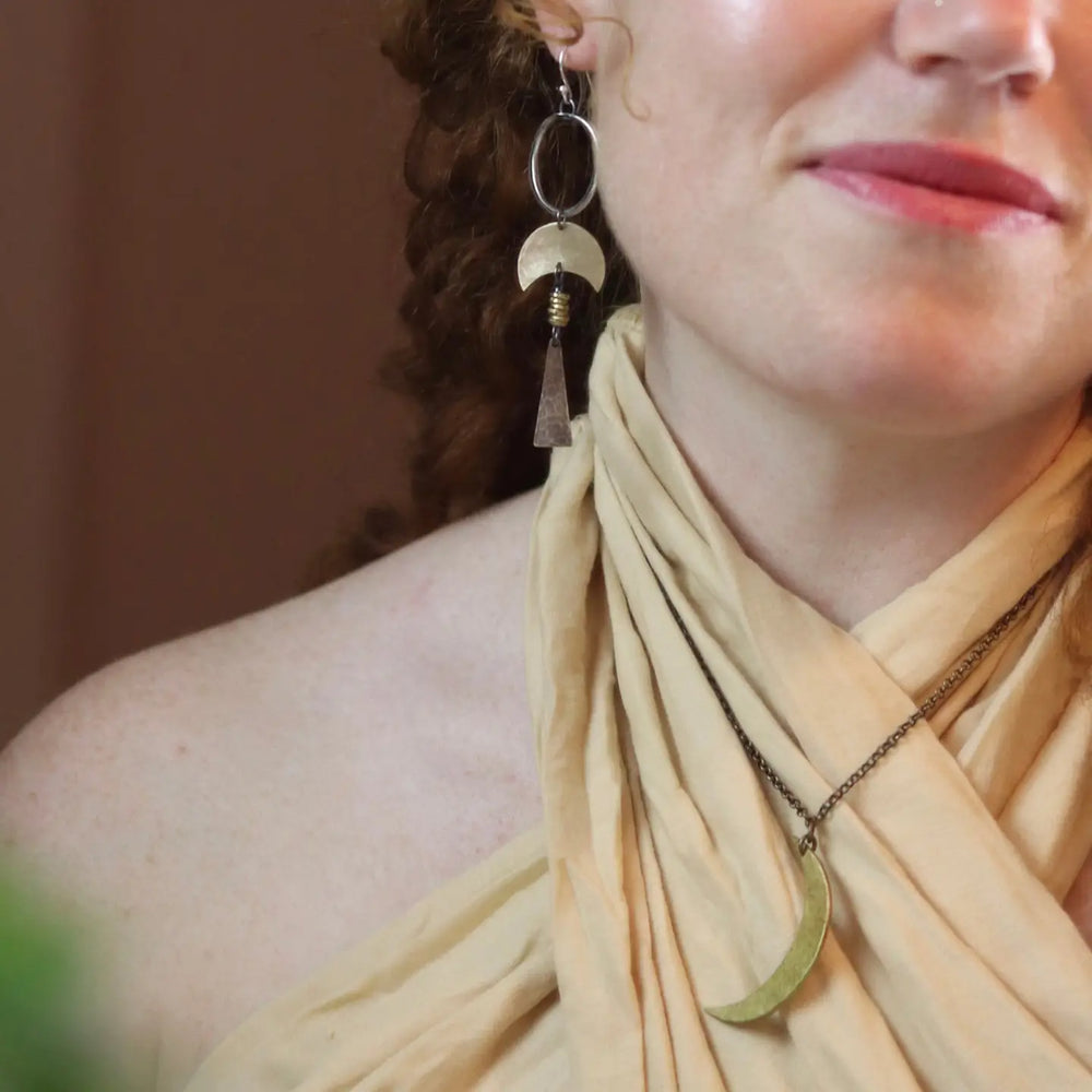 Woman wearing the Warrior Moon Earrings by Jennifer Kahn Jewelry