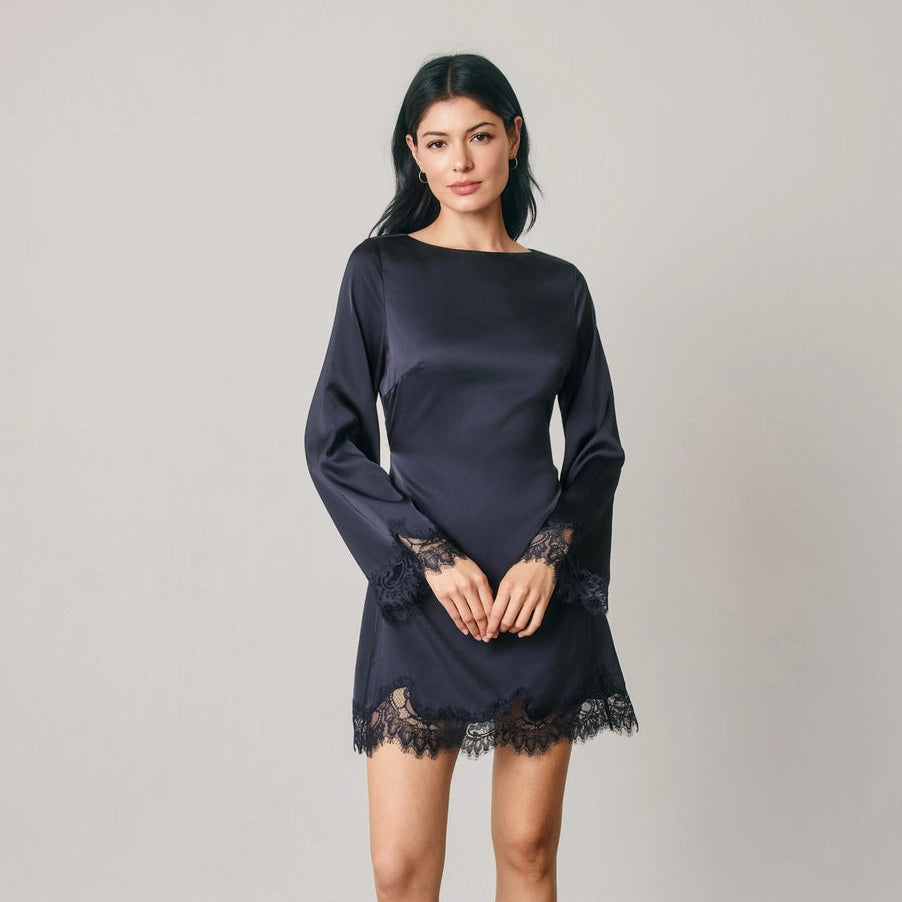 Dark Navy Satin & Lace Long Sleeve Mini Dress