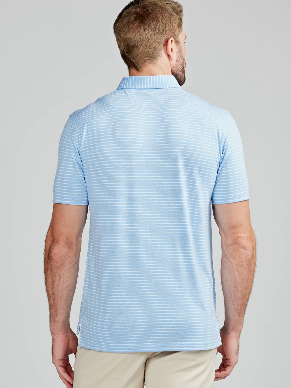 Back view of the Polar Heather and White Cloud Lightweight Polo Brookline Stripe by Tasc Performance