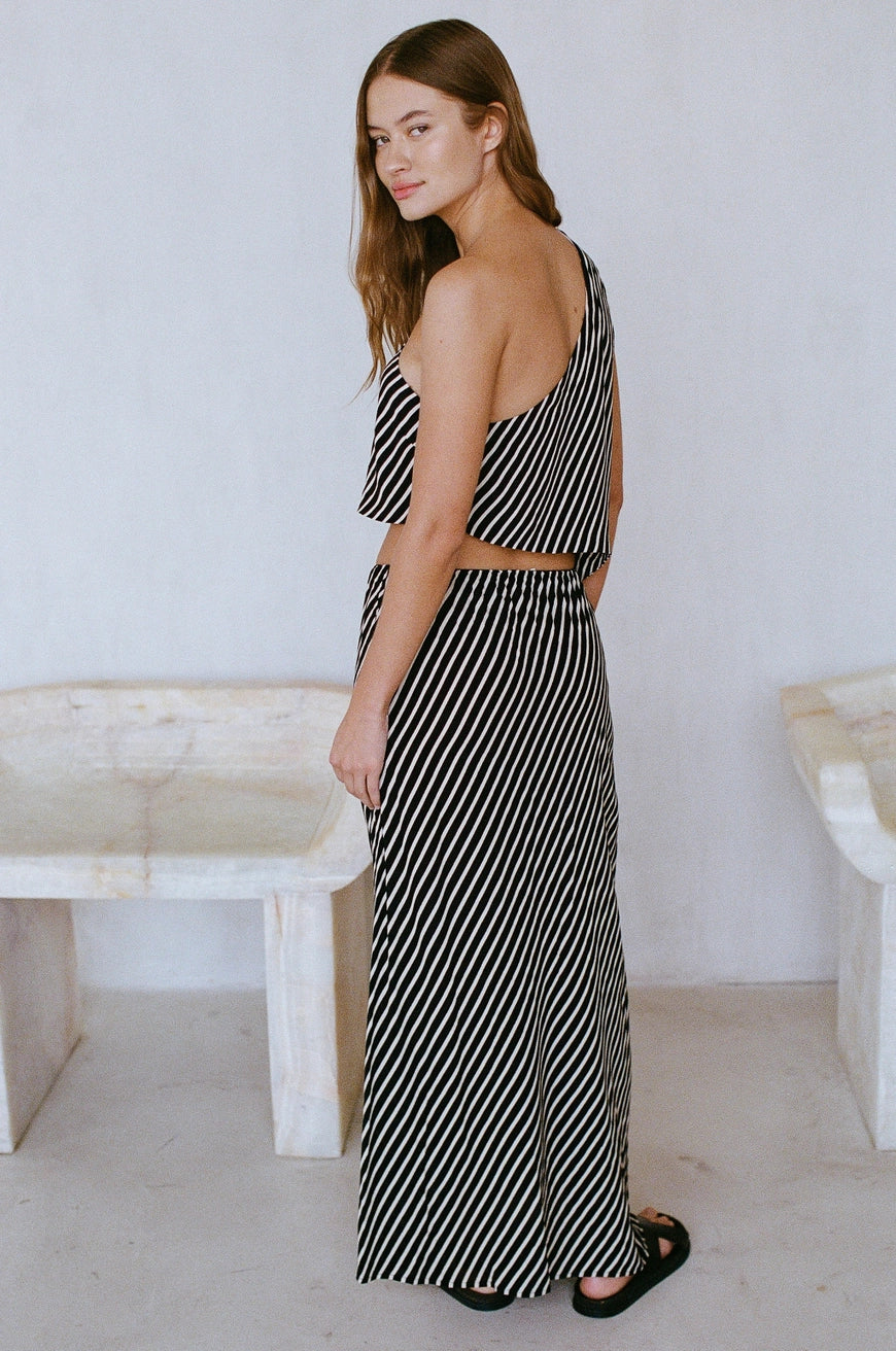 striped one shoulder top with matching pants