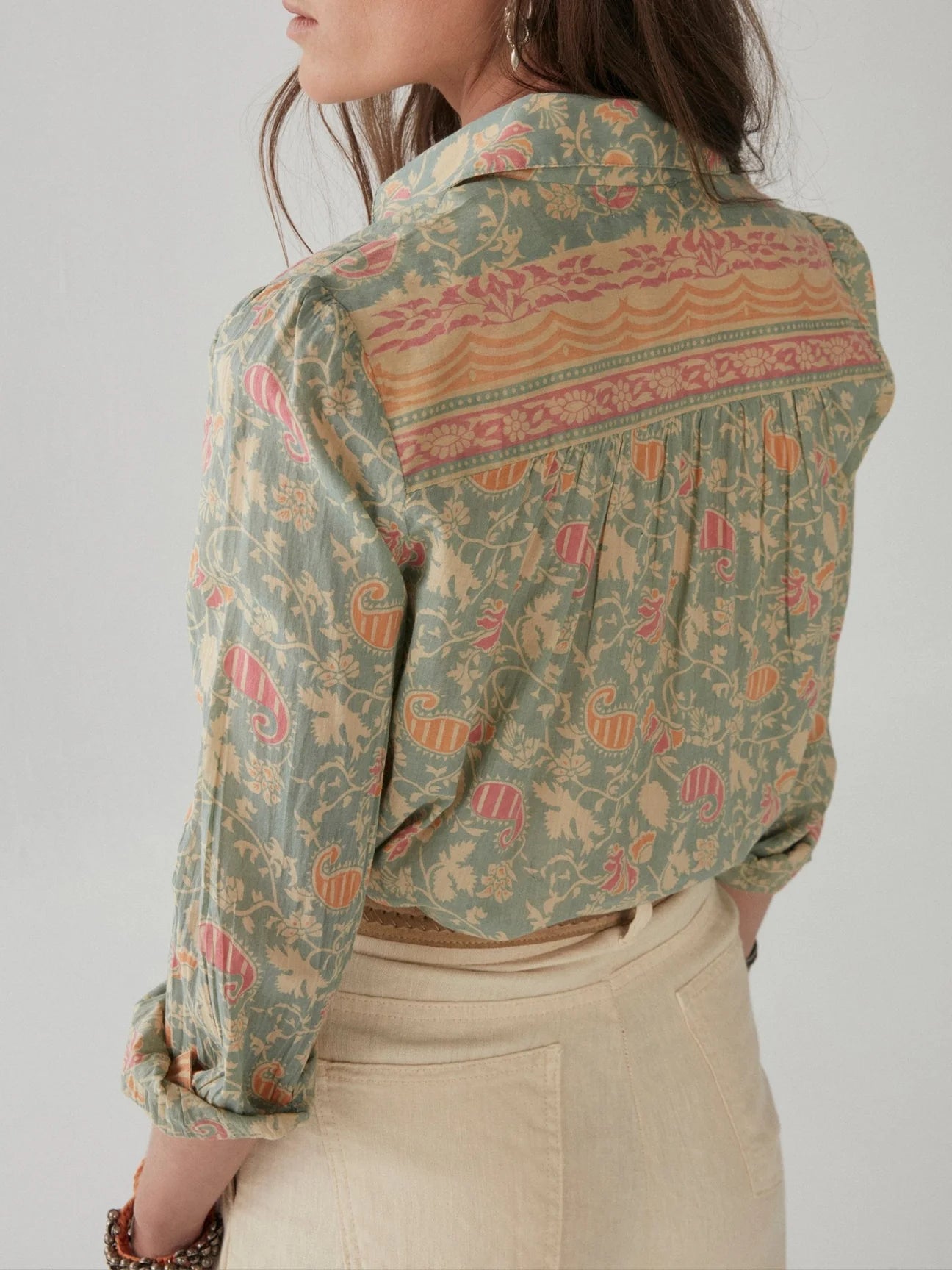 Back view of Maison Hotel's Bruna Button Up Blouse in the color Cotton Candy