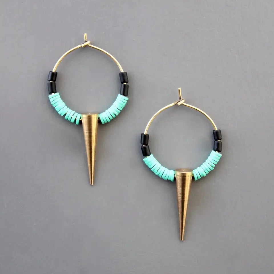 The Green Vulcanite and Brass Spike Hoops by David Aubrey Jewelry at Harbour Thread.