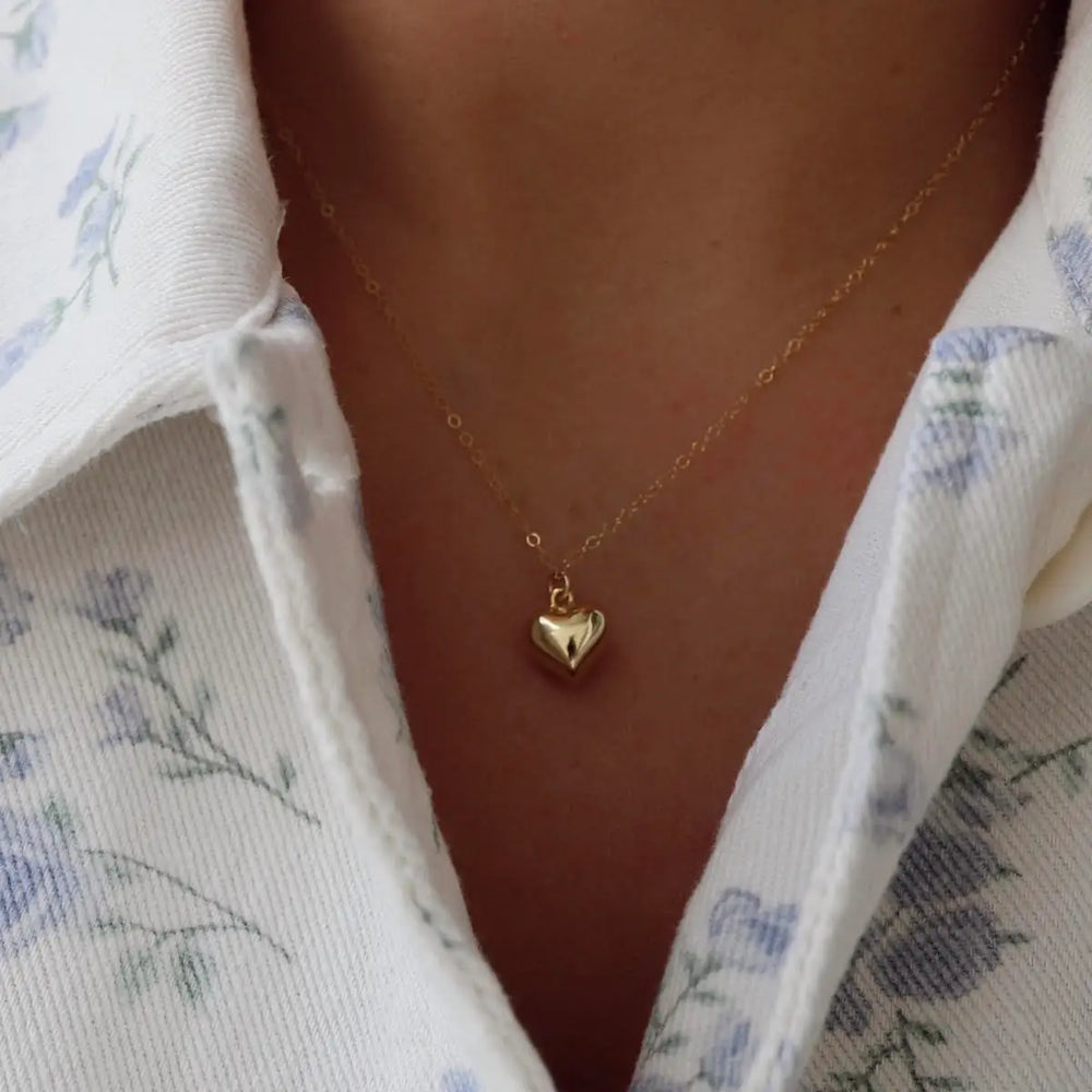 Dainty gold chain necklace with small puff heart pendant