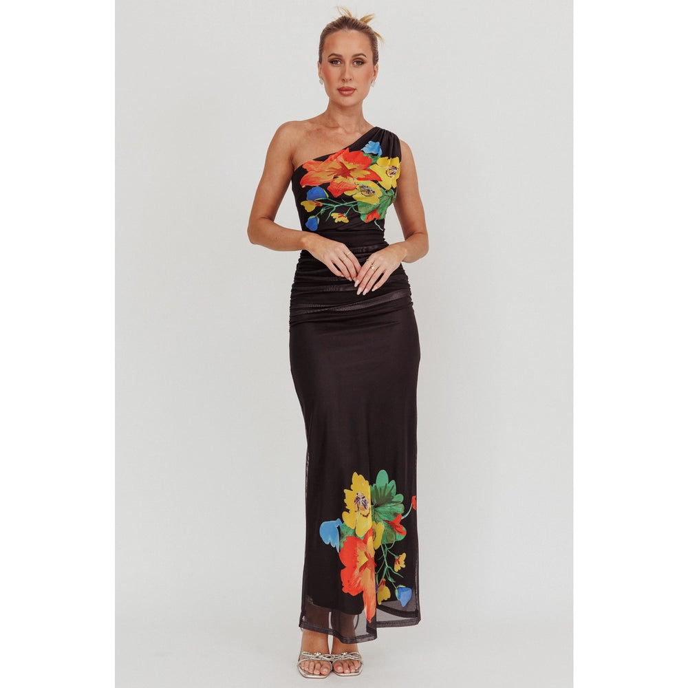 This black one shoulder maxi dress with colorful florals is available at Harbour Thread for your next event