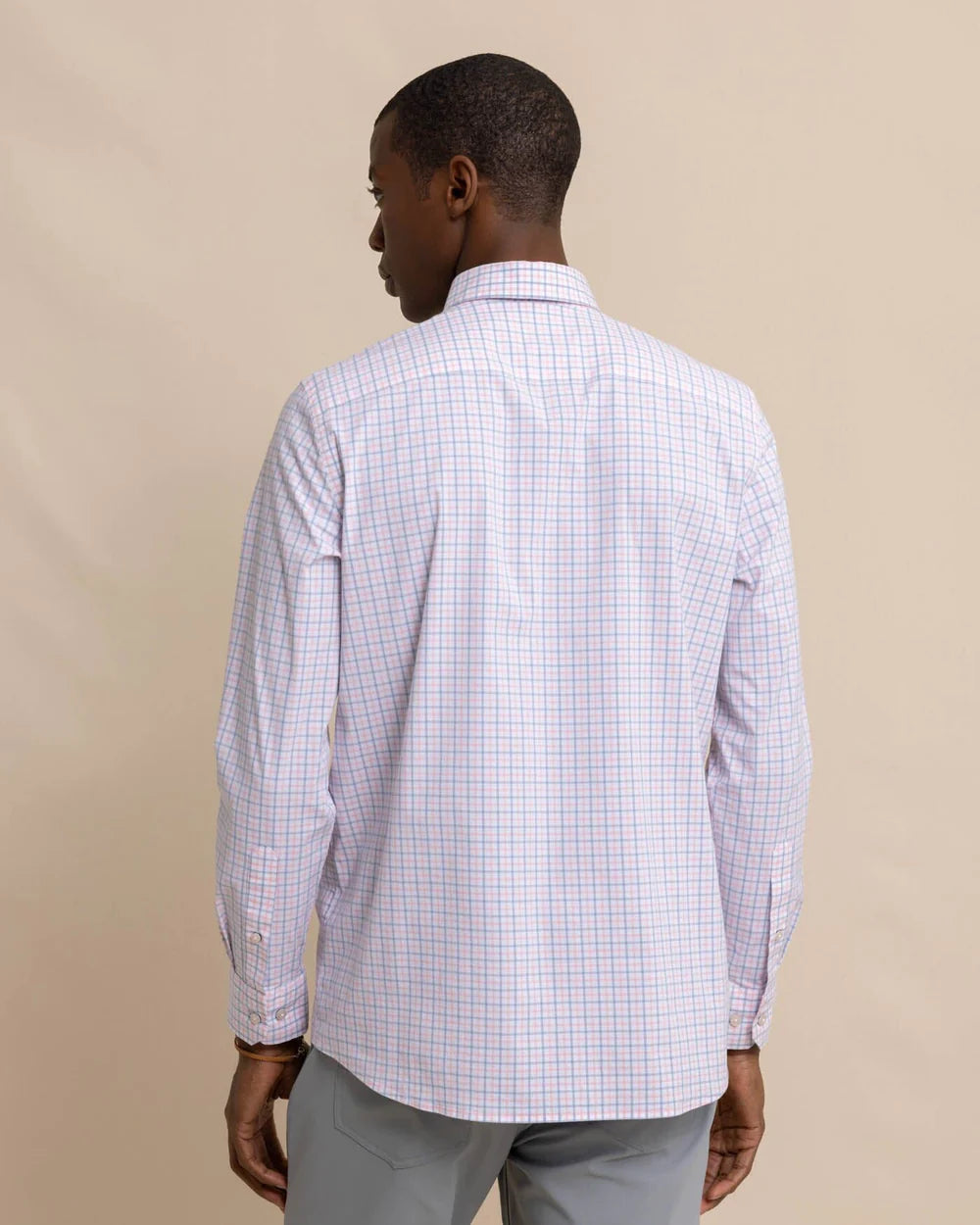 Back view of Southern Tide's Charleston Larkin Check Sport Shirt in the color Pale Rosette Pink