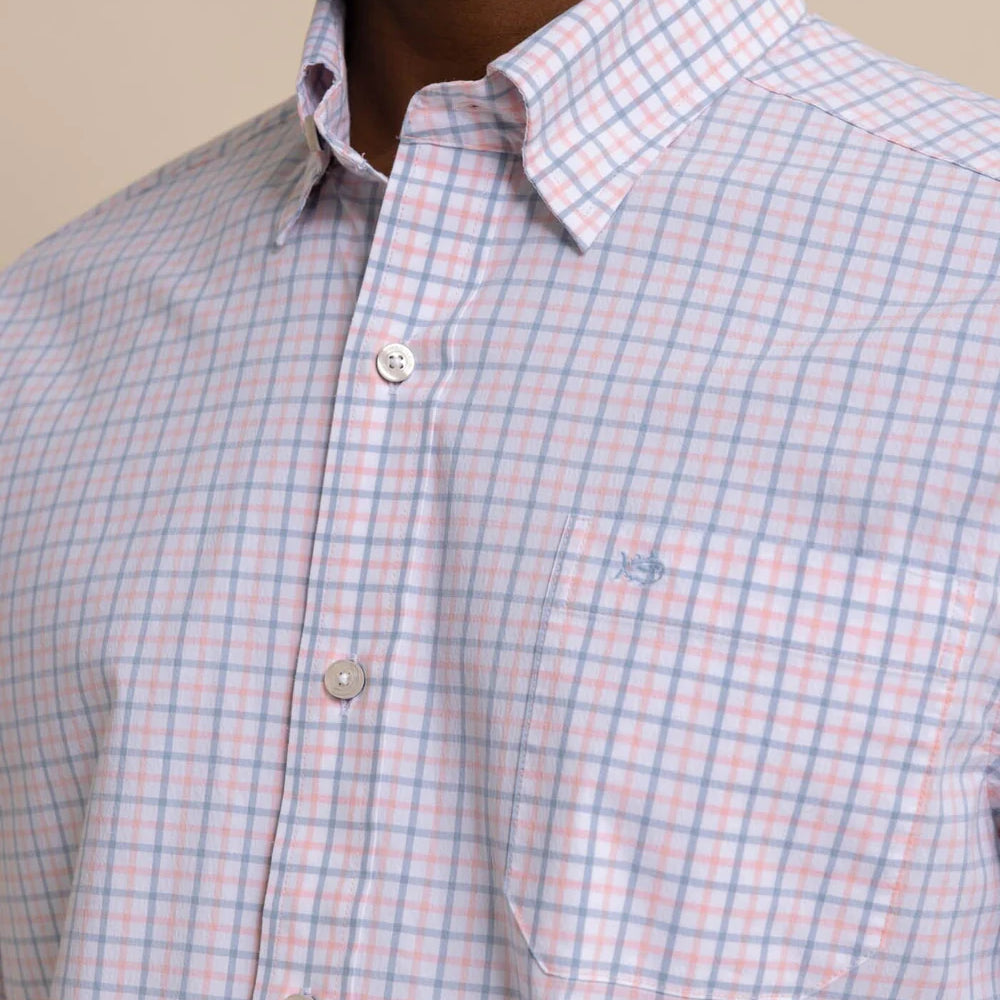 
                      
                        Front detail on Southern Tide's Charleston Larkin Check Sport Shirt in the color Pale Rosette Pink
                      
                    