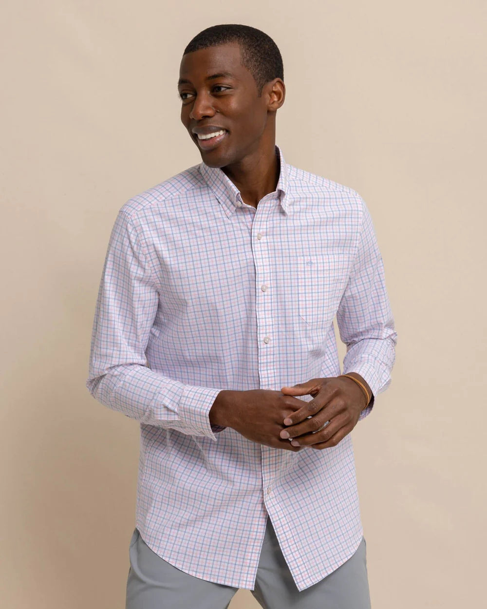 Southern Tide's Charleston Larkin Check Sport Shirt in the color Pale Rosette Pink