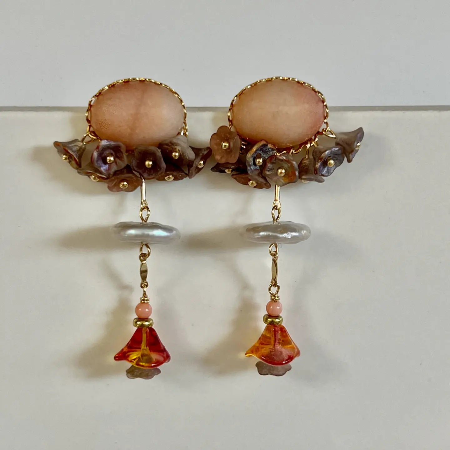 Pink Aventurine, Pearl and Glass earrings by Sandrine France Studio