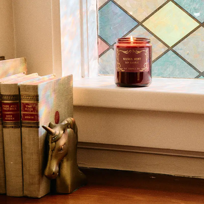 The P.F. Candle Co. Silver Mist Soy Candle near a stained glass window