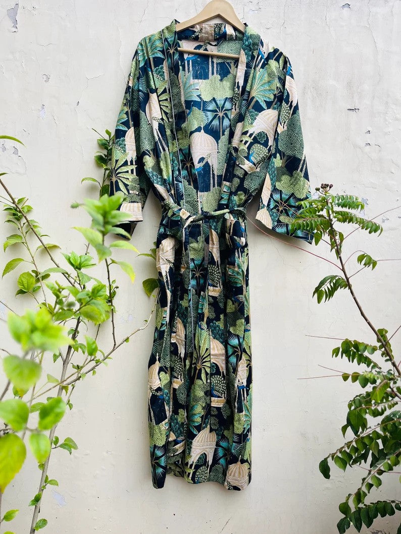 Front view of the Beach Wear Long Printed Kimono Robe