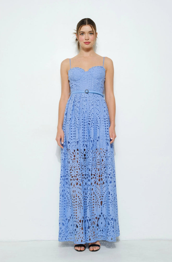 
                      
                        Shop this dusty blue lace maxi dress with sweetheart neckline and belted waist at Harbour Thread 
                      
                    