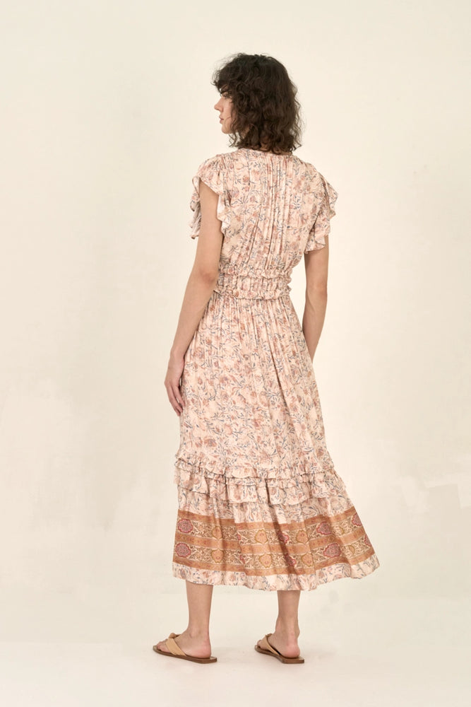 
                      
                        Back view of a printed ruffle satin midi dress
                      
                    