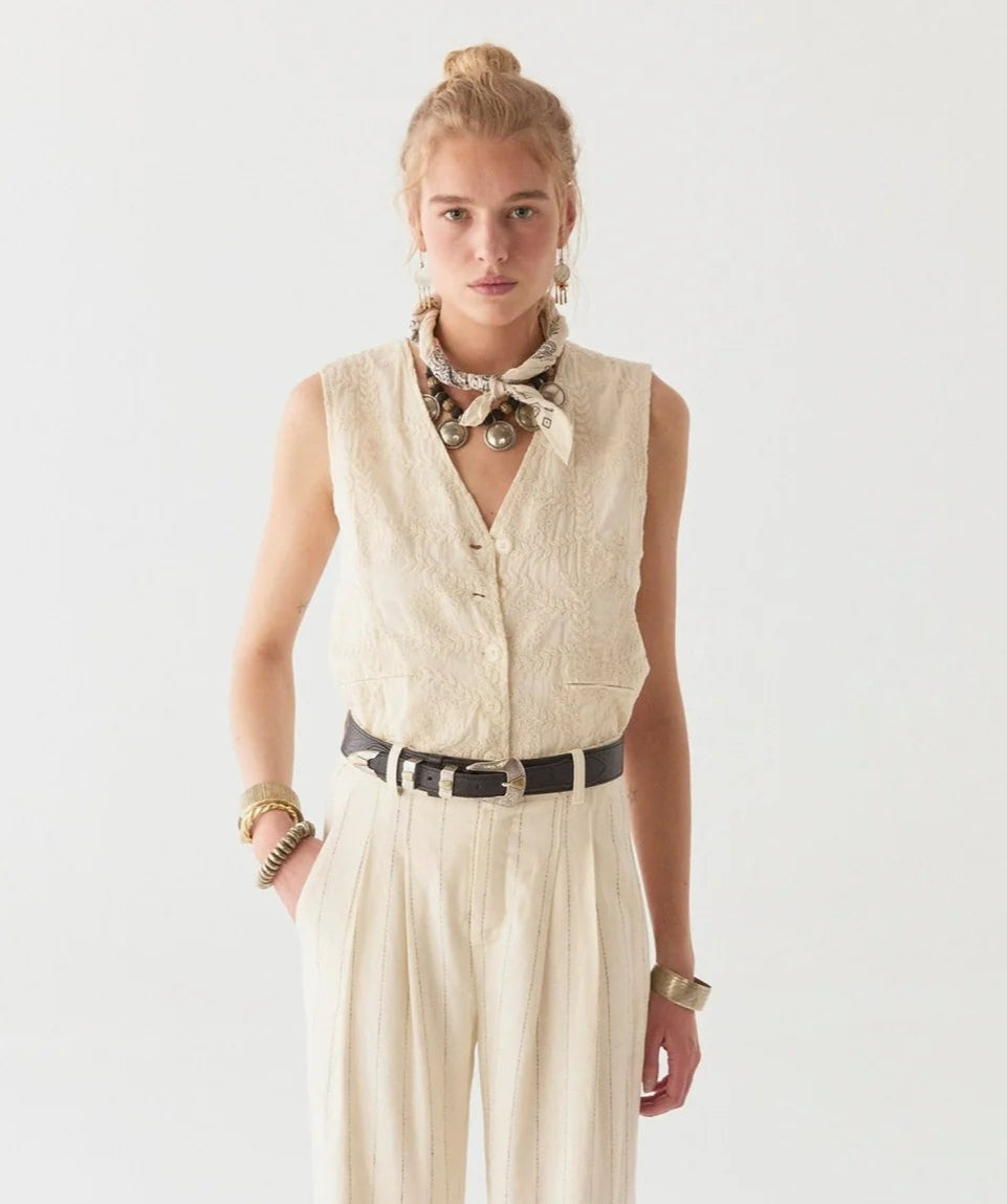 Find effortless spring style with Maison Hotel's versatile Delphine Vest, available at Harbour Thread