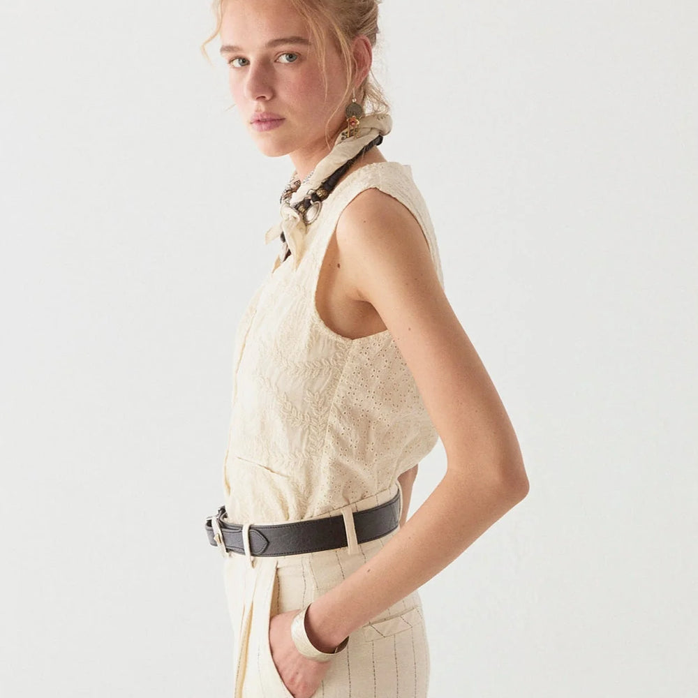 White cotton embroidered sleeveless top