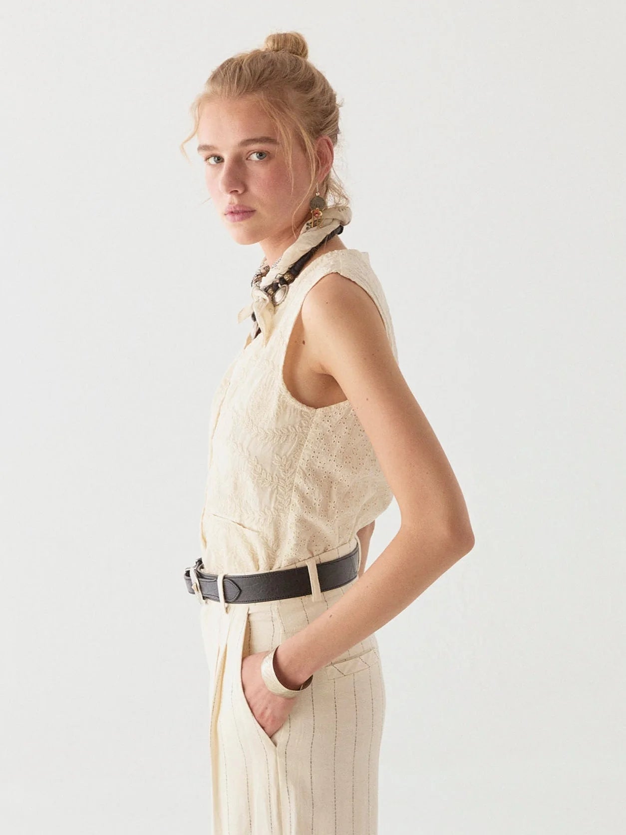 White cotton embroidered sleeveless top
