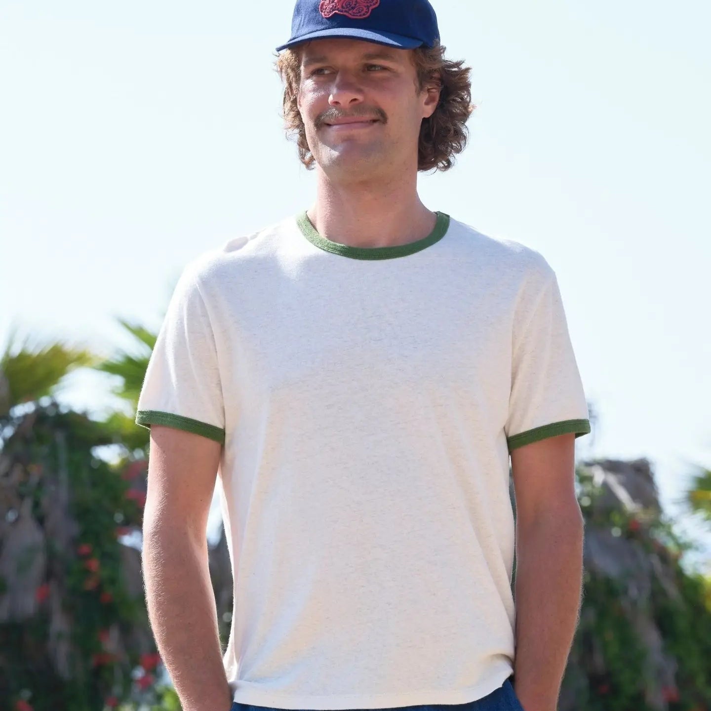 Mollusk Men's Hemp Ringer Tee in Natural/Rover Green