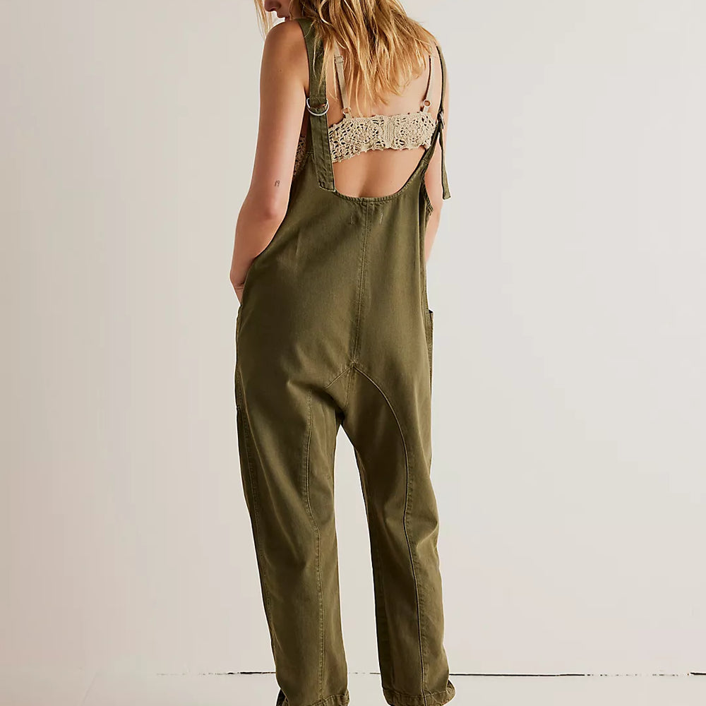 Back view of the Moss Stone High Roller Jumpsuit by Free People